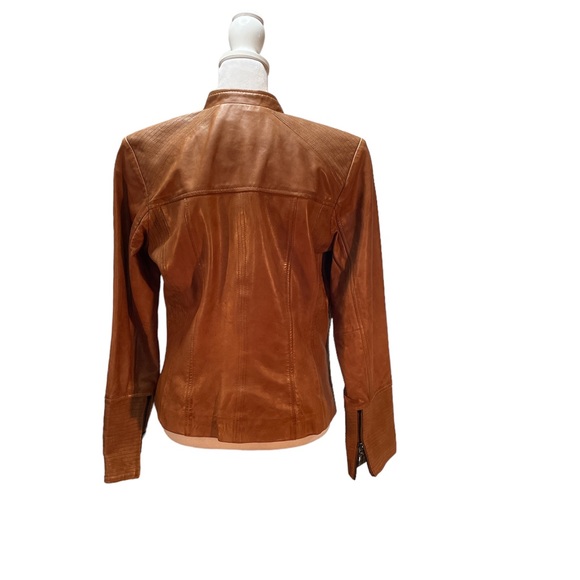 EUC - Bernardo Tan 100% Leather Women's Zip Front Racer Jacket Size Small - Picture 6 of 17